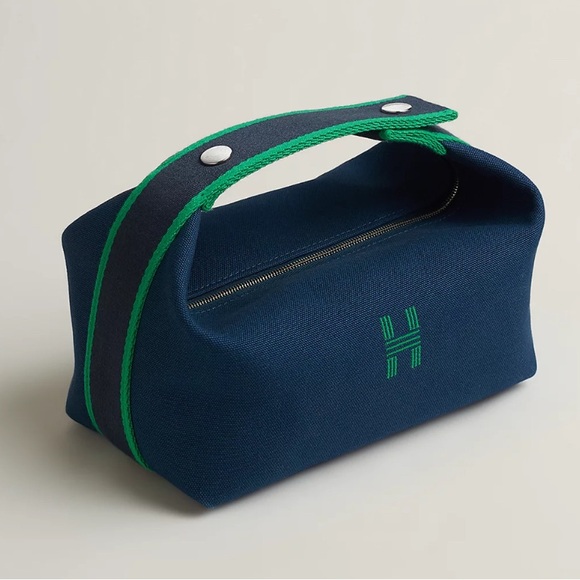 Hermes Navy and Green Canvas Toiletry Bag - Picture 1 of 9